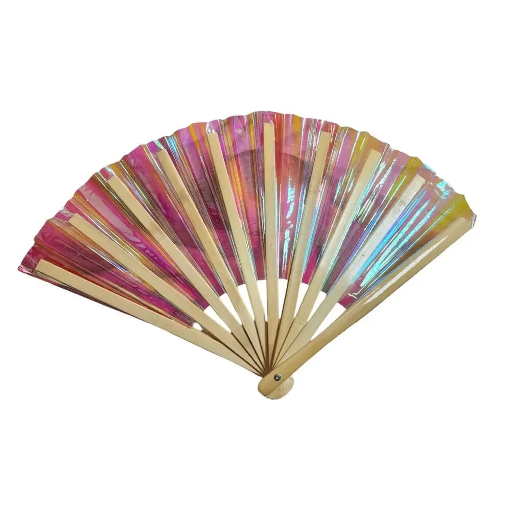 Large Holographic Rave Folding Hand Fan 13 Inch Iridescent Pink Clack Fan